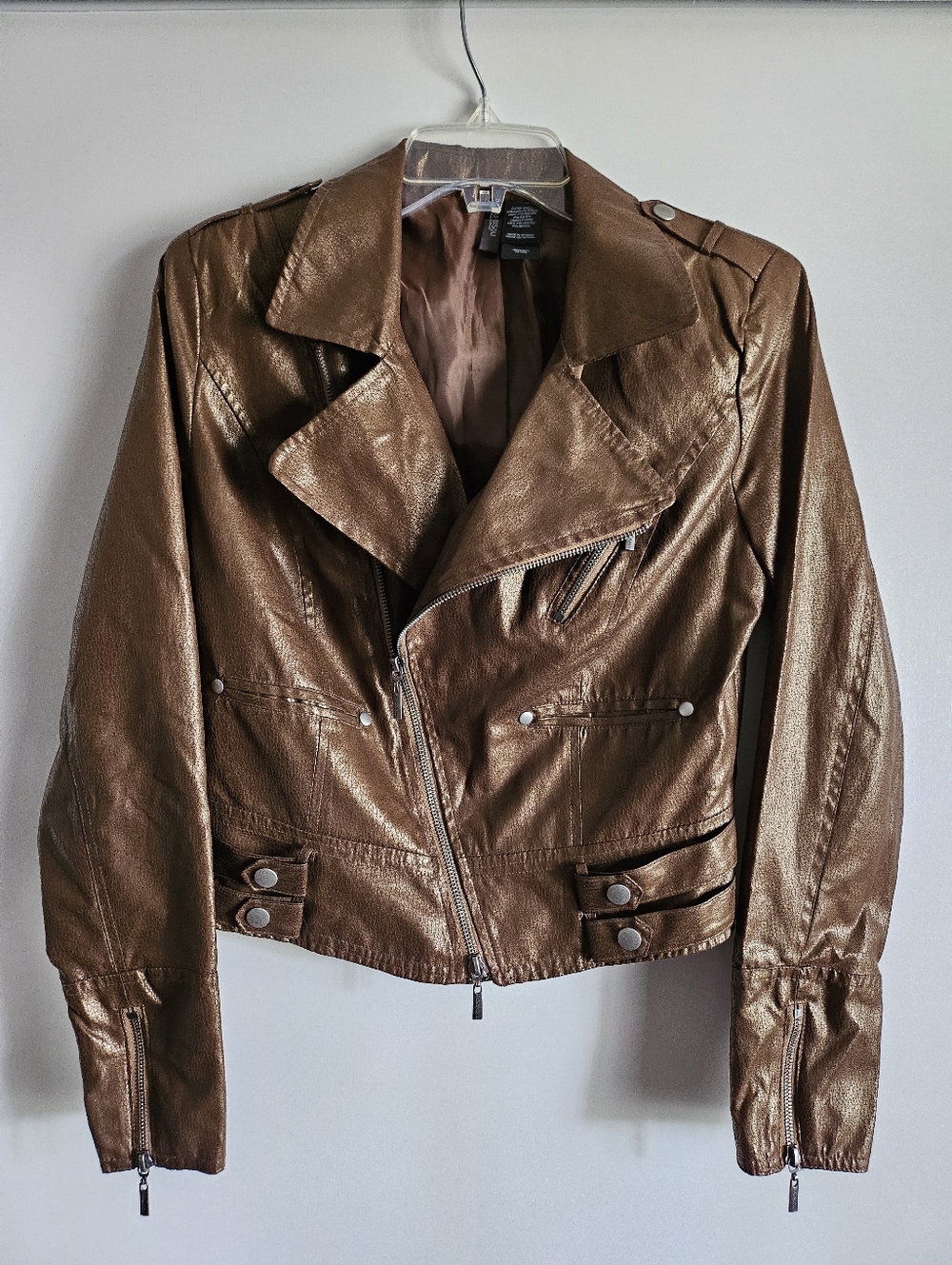 Y2K Bisou Bisou Gold Brown Faux Leather Soft Motorcycle Jacket Moto Women's sz M